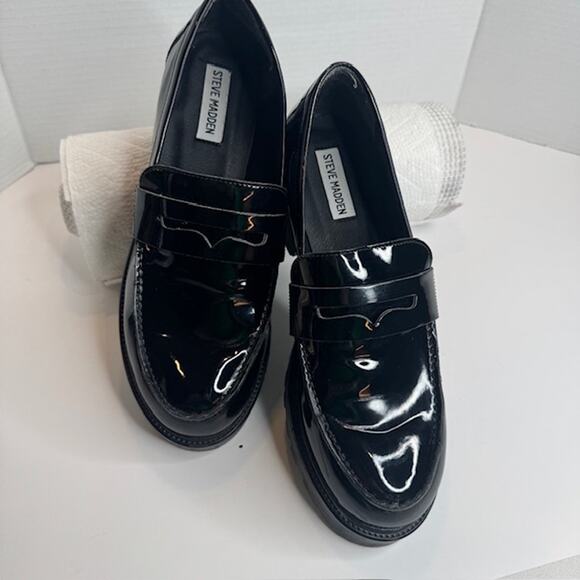 Steve Madden Sz 11 Black Patent Langsten Leather Platform Loafers - Picture 10 of 11